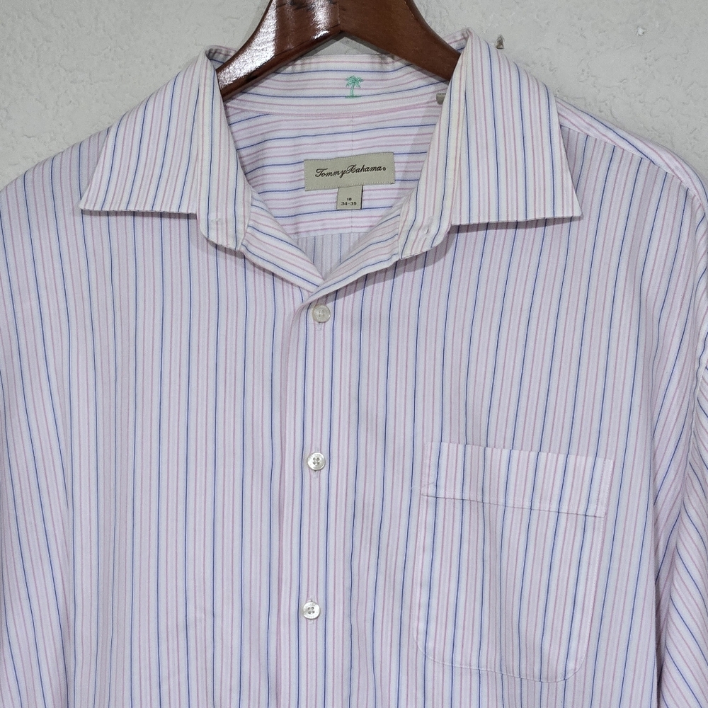 Tommy Bahama Button Up Shirt Size 18 34-35 Long Sleeve Pink Blue Striped